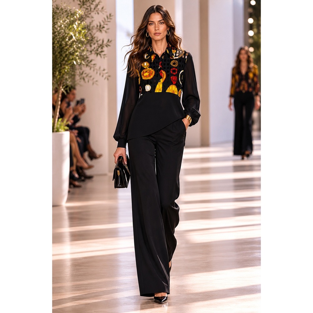 Maggie Lawrence Mixed Media Burnout Velvet Abstract Button Up Blouse Black S